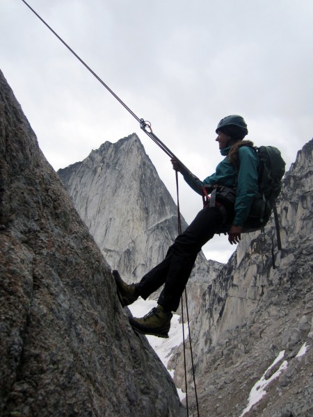 Katrina on a scenic rappel off of Central Crescent Tower. Bugaboo Spir...