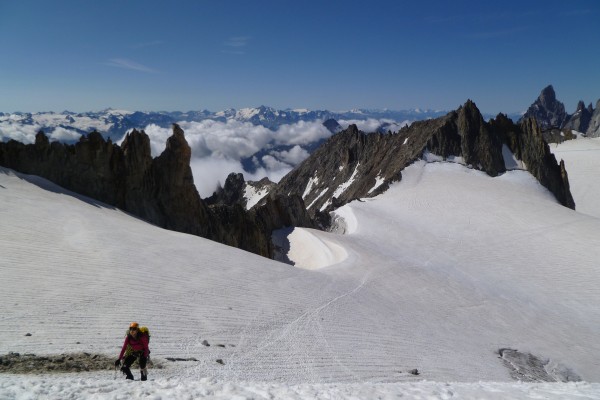 Irina coming up the monster hill to the base of the Dent du Géant's ta...