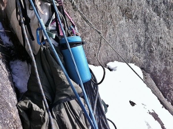 the belay stance above pitch 3: probably quite nice when the snows not...