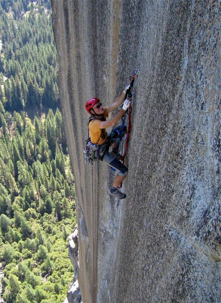 German climber on the featureless section of the route