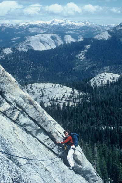Janet Tornow on the east face of Starr King with the top of Mt. Watkin...
