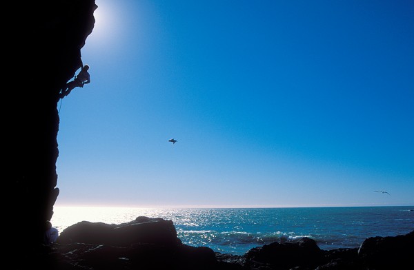 Chris Summit does the classic 5.10 sport route Blue Heron at Twin Cove...