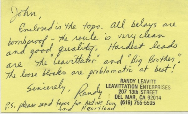 note on back of original FA topo of Scorched Earth, El Capitan