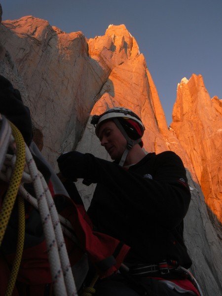 Climbing Cerro Torre with Torre Egger looming behind.