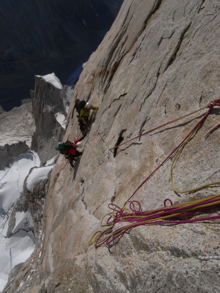 The infamous bolt traverse on Cerro Torre's Compressor Route.