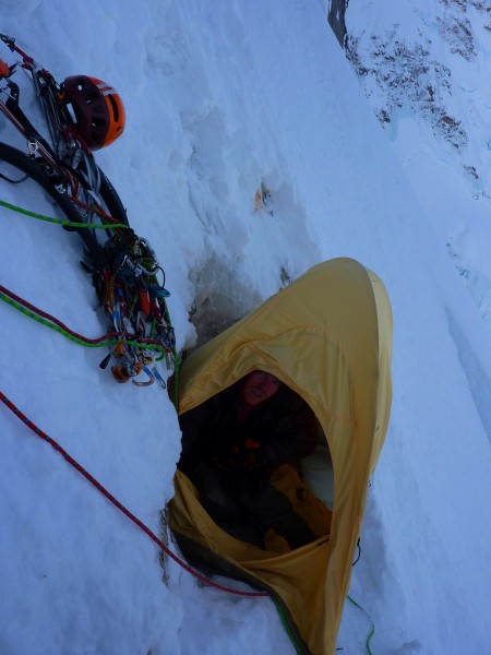 Bivy at the top of the ice field before 'The Shaft'. This is as far as...