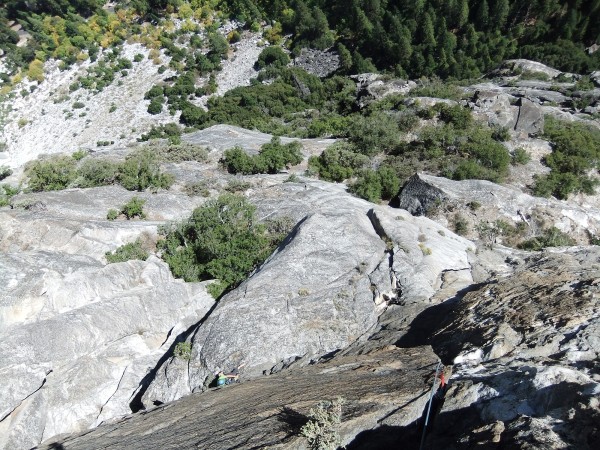 Looking down p2.  5.9 crux, I grabbed some gear on lead. <br/>
12:04