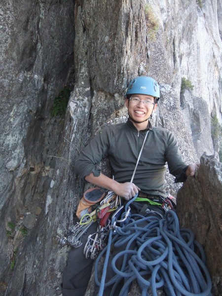 Anthony at belay atop p5 2nd chimney 14:58