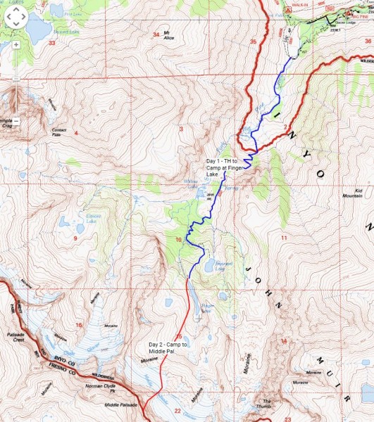 Our route to camp at Finger Lake &#40;day 1&#41; and to the summit of ...