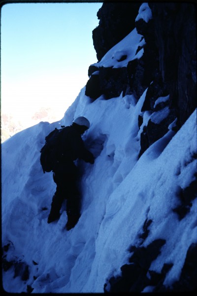 Charlie Pitts on the traverse from the buttress into the central snow ...