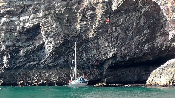 Belaying from the boat on the first pitch of the super-classic HVS cal...