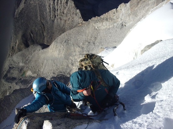 Mitch & Rob at the final anchor, 5610m, with BC II just visible at the...