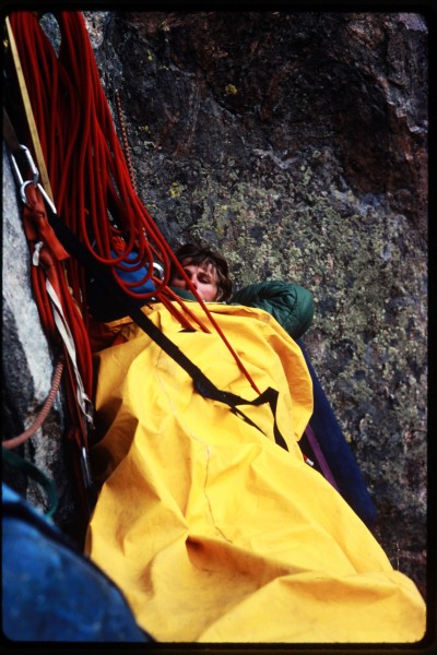 Tom Polaski snug in his bivy bag on the ledge.