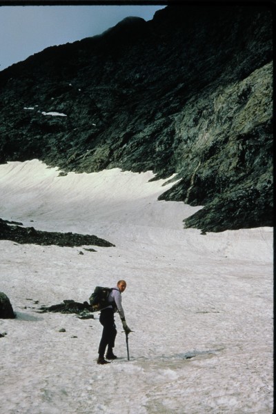 Peter Dea approaching the north face via the ice field.
