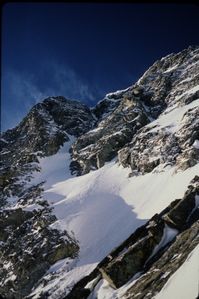 Looking up the central couloir.  The buttress to its right is where Ji...