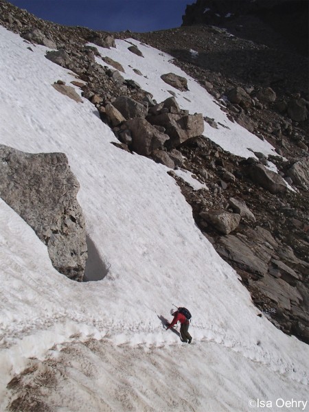 Nick crossing the precarious snow field