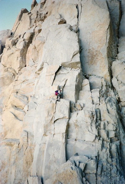 Joe Busby approaching The Fresh Air Traverse on Mt. Whitney's East Fac...