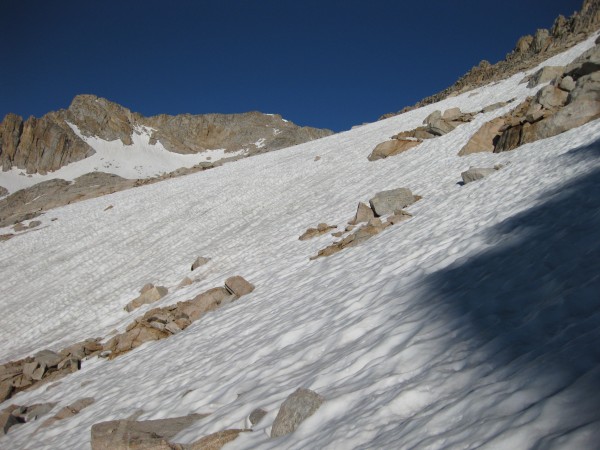 Snowfields above 11500' on the approach to the east ridge