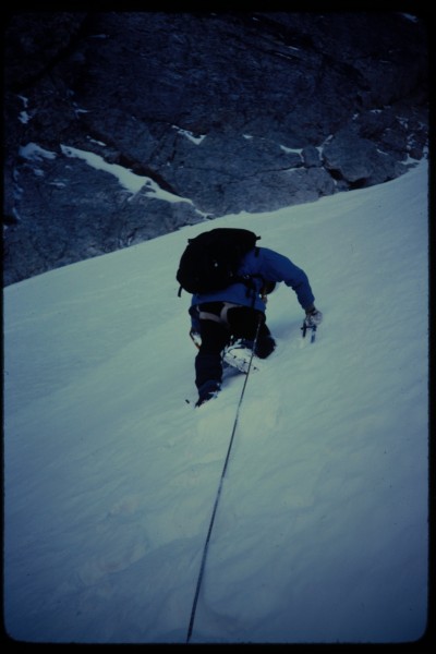 I am leading up one of the lower snowy pitches.