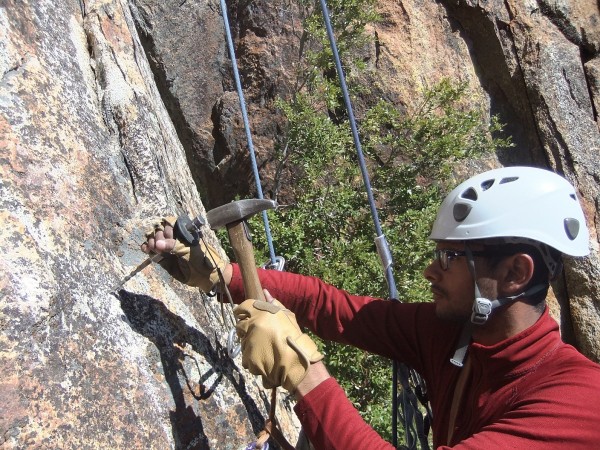 Job drilling anchor #5 on the Middle Cathedral East Face rap route, <br/>
...