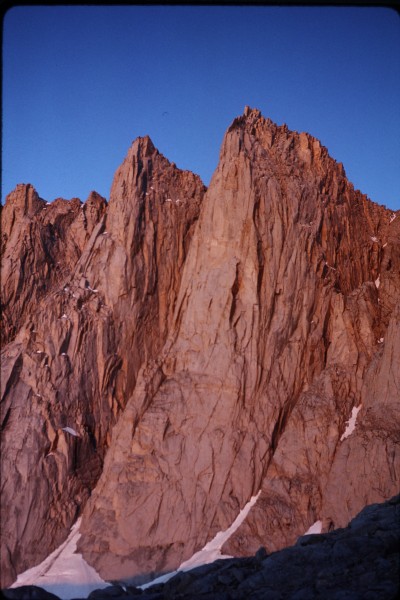 Early morning alpenglow on the Keeler Needle just south of Mt Whitney.