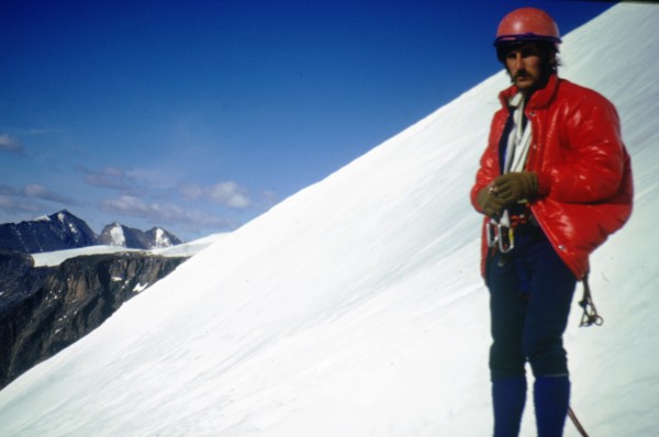 Ken contemplating the slope. EBs, no axe or crampons!