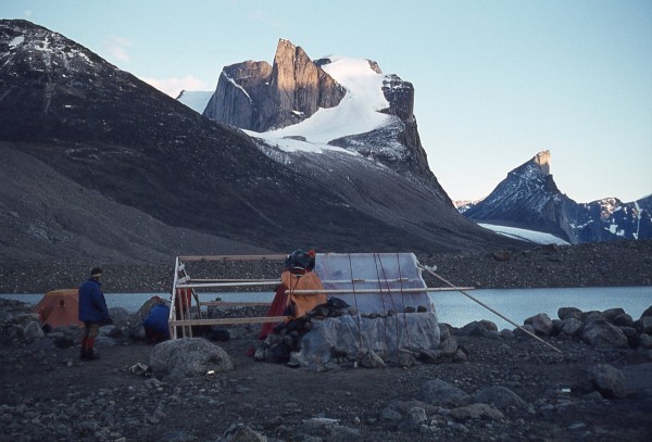 The Summit Lake shack with Breidalblick in the background.