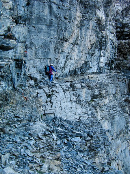 Traversing the ledge under the 2nd upswing.