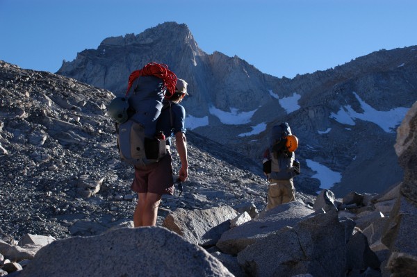 Jeremy and Ryan ascend talus benches on the way to Dade Lake.