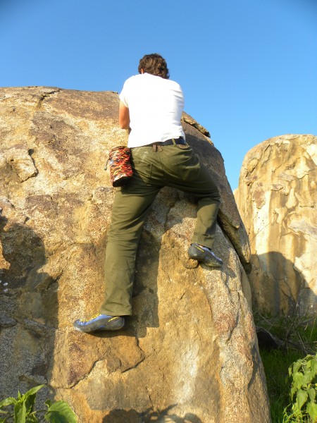 Adam cranks his first boulder problem