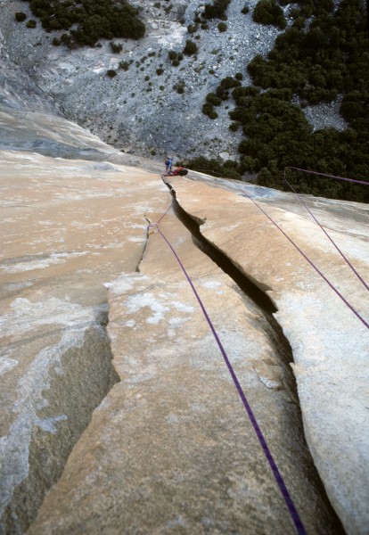Looking down after leading the Leavittator pitch, First ascent of Scor...