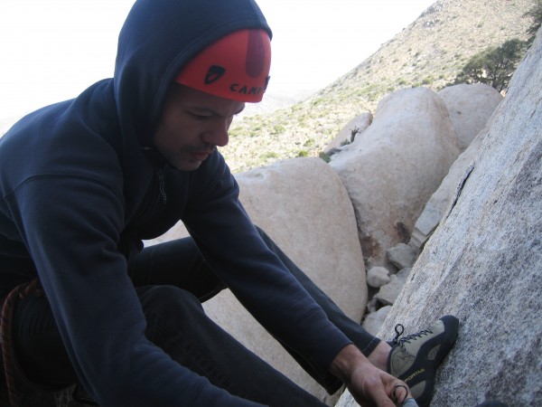 Psyching myself up for 5.8 slab.  Boy those bolts look far apart!