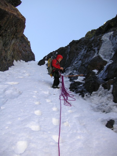 A pleasant belay: two TCUs in a crack, two ice tools in the snow, and ...
