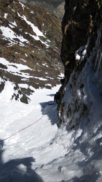Looking back to the belay from just below the WI3 ice step mentioned b...