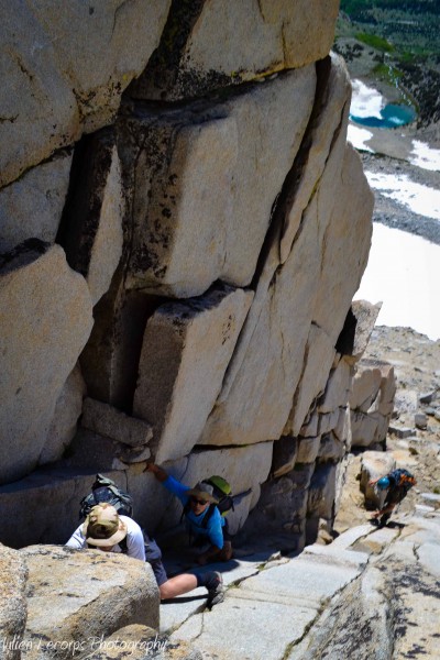 Steep 4th class crack leading to "the sidewalk"