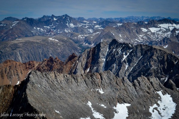 Looking south at Peak 13,112, Mt Emerson, Bishop pass and Mt Goode