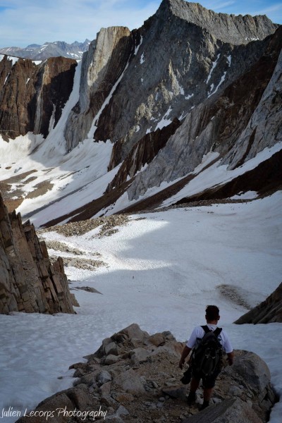 Descending into the southeast gully towards Checkered Demon and Kinder...